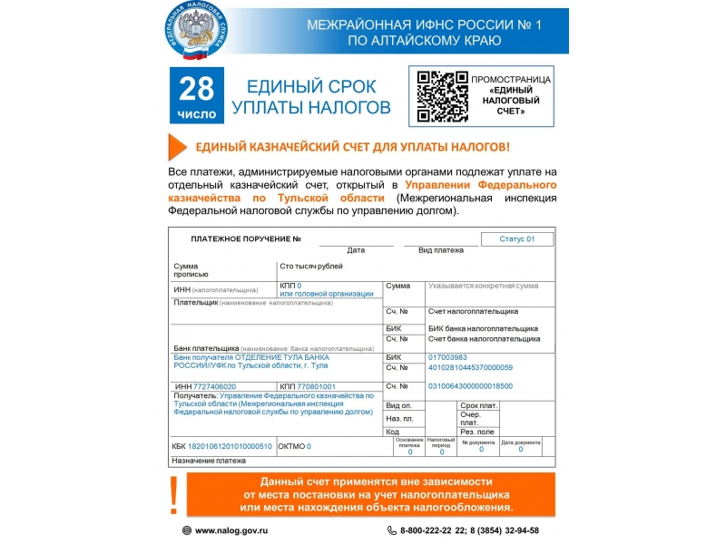 Единый казначейский счет для уплаты налогов.
